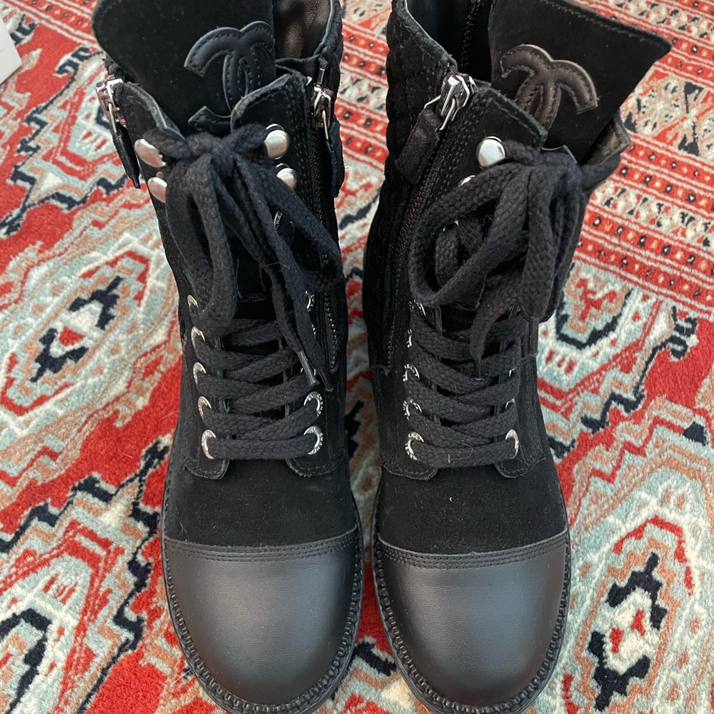 CHANEL Black Suede Lace-Up Boots
